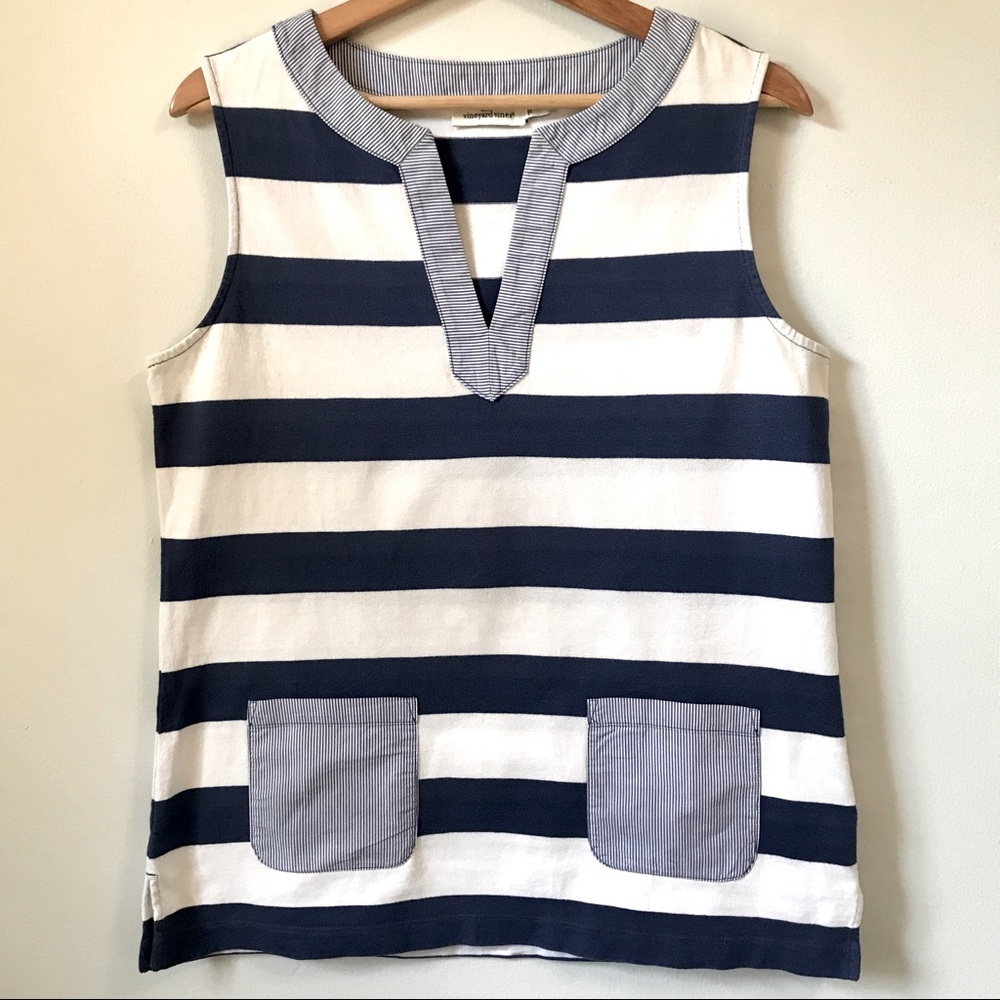 Vineyard Vines Blue & White Stripe V-Neck Sleeveless Tank Top, Size M